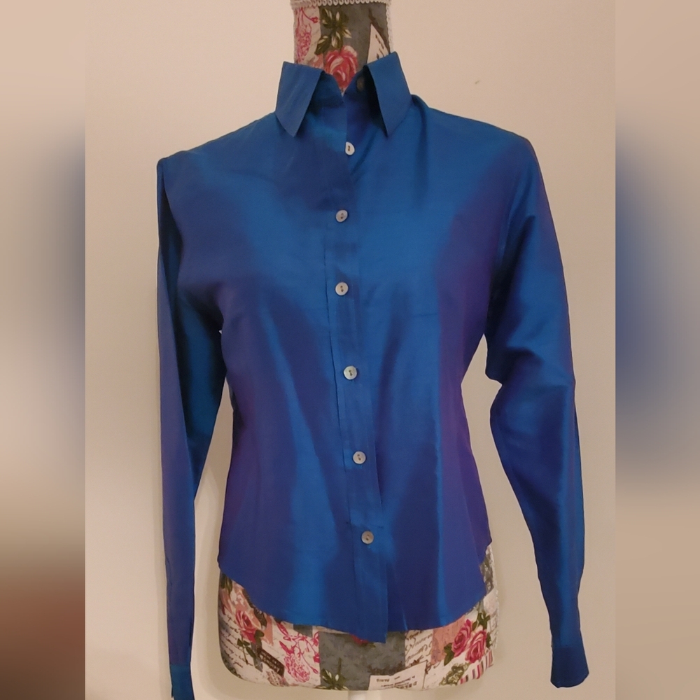 Silk, Peacock Blue, Button down Blouse, PS